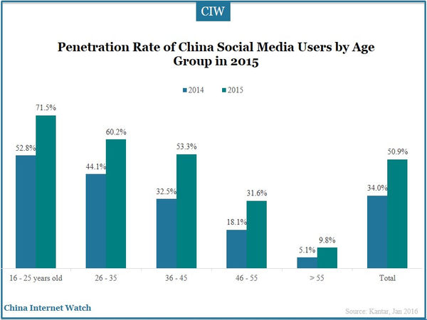 Penetration Rate of China Social Media Users by Age Group in 2015