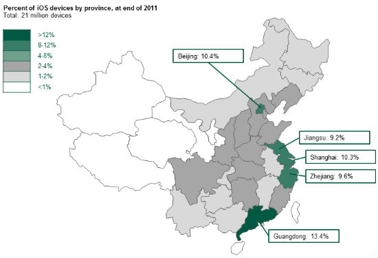 Percent of iOS Devices by Province at the end of 2011