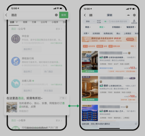 WeChat search results on "hotel" and search ads